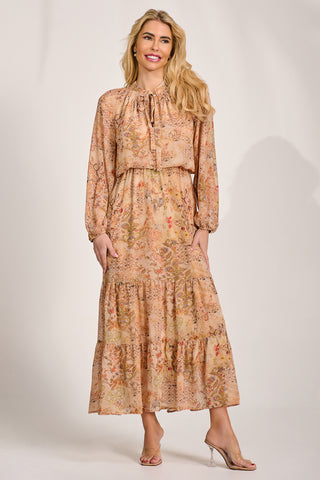 Chiffon Long Sleeve Tiered Maxi Dress, Orange Multi