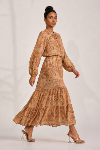 Chiffon Long Sleeve Tiered Maxi Dress, Orange Multi
