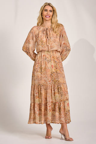Chiffon Long Sleeve Tiered Maxi Dress, Orange Multi