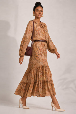 Chiffon Long Sleeve Tiered Maxi Dress, Orange Multi