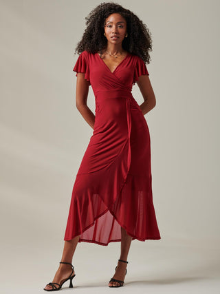 Plain Wrap Mesh Maxi Dress, Burgundy