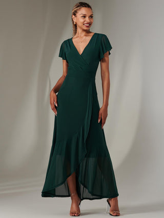 Plain Wrap Mesh Maxi Dress, Dark Green