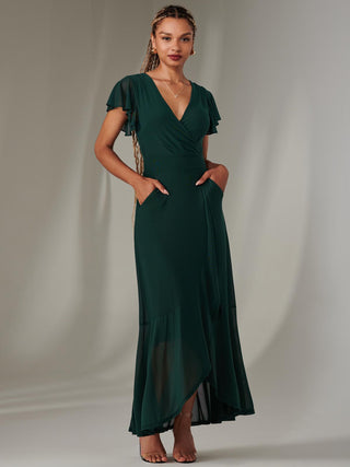 Plain Wrap Mesh Maxi Dress, Dark Green