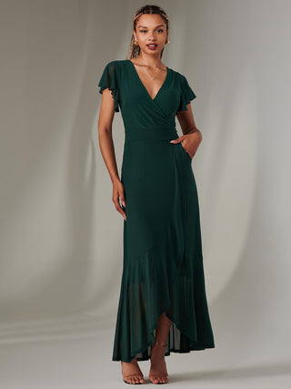 Plain Wrap Mesh Maxi Dress, Dark Green