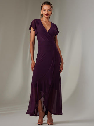 Plain Wrap Mesh Maxi Dress, Dark Purple