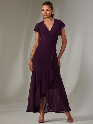 Plain Wrap Mesh Maxi Dress, Dark Purple