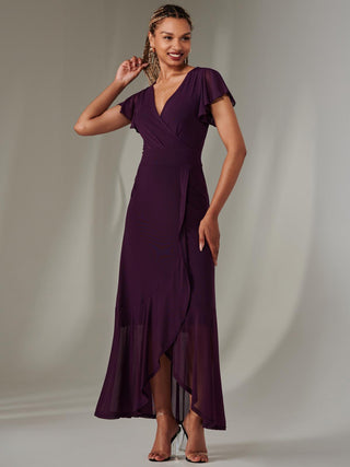 Plain Wrap Mesh Maxi Dress, Dark Purple