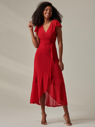 Plain Wrap Mesh Maxi Dress, Red - Main Image