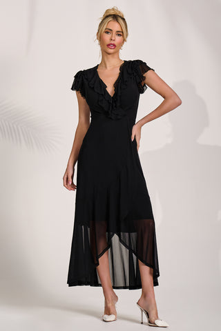Ruffled Mesh Maxi Dress, Black