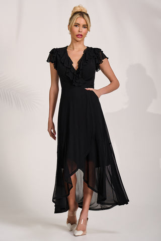 Ruffled Mesh Maxi Dress, Black