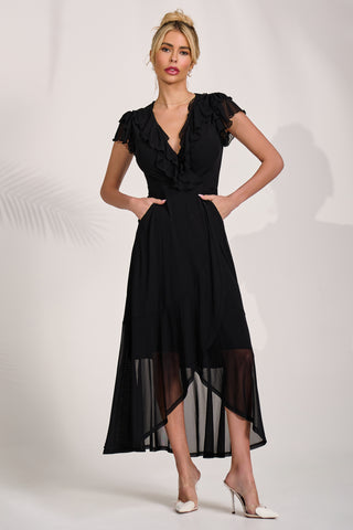 Ruffled Mesh Maxi Dress, Black