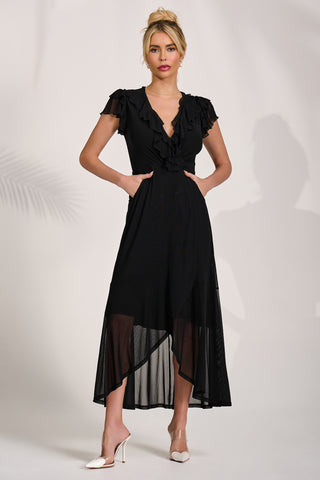 Ruffled Mesh Maxi Dress, Black