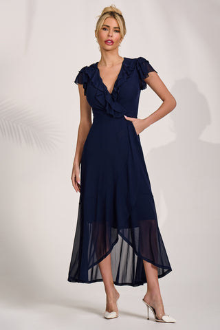 Ruffled Mesh Maxi Dress, Navy