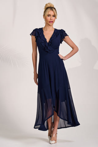 Ruffled Mesh Maxi Dress, Navy