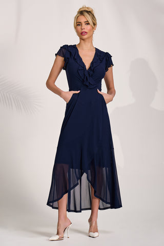Ruffled Mesh Maxi Dress, Navy