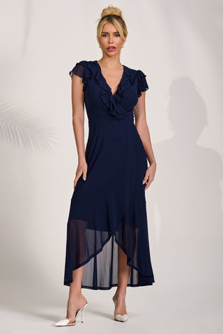 Ruffled Mesh Maxi Dress, Navy