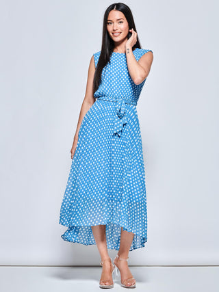 Pleated Chiffon High-Low Maxi Dress, Blue Polka