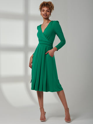 Plain Long Sleeve Jersey Midi Dress, Green