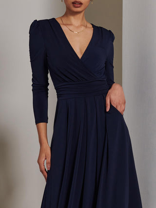 Plain Long Sleeve Jersey Midi Dress, Navy