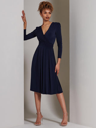 Plain Long Sleeve Jersey Midi Dress, Navy