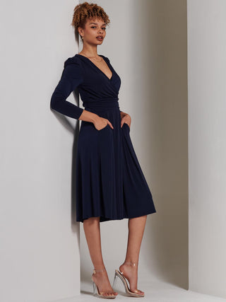 Plain Long Sleeve Jersey Midi Dress, Navy