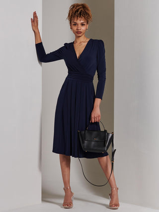 Plain Long Sleeve Jersey Midi Dress, Navy