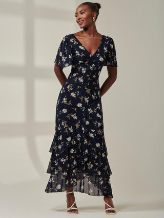 Angel Sleeve Tiered Hem Maxi Dress, Navy Floral