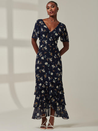 Angel Sleeve Tiered Hem Maxi Dress, Navy Floral