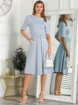 Jolie Moi Fold Over Fit and Flare Midi Dress, Dusky Blue