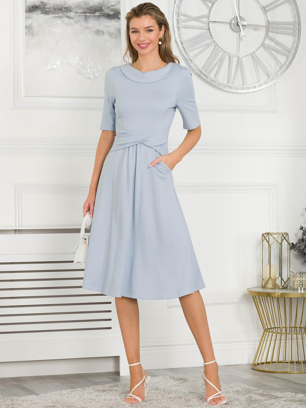 Jolie Moi Fold Over Fit and Flare Midi Dress, Dusky Blue – Jolie Moi Retail