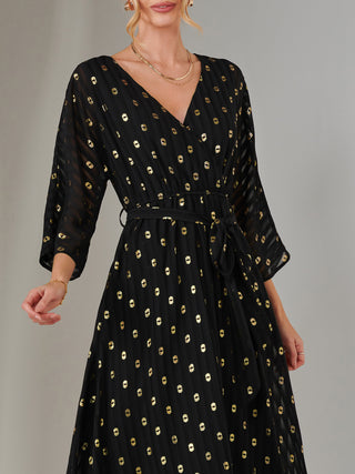 Plain Gold Spot Chiffon Dress, Black/Gold