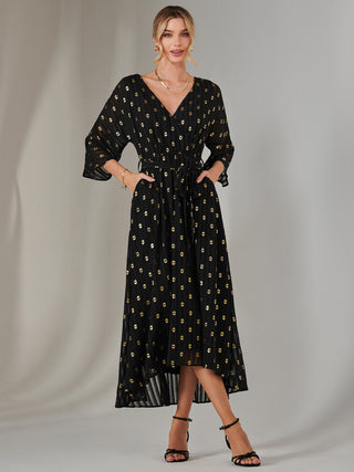 Plain Gold Spot Chiffon Dress, Black/Gold