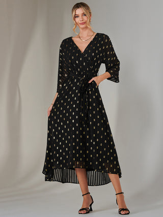 Plain Gold Spot Chiffon Dress, Black/Gold