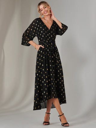 Plain Gold Spot Chiffon Dress, Black/Gold