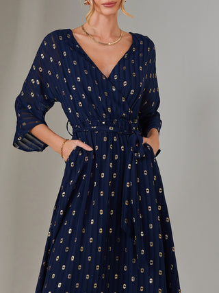 Plain Gold Spot Chiffon Dress, Navy/Gold