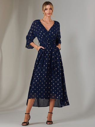 Plain Gold Spot Chiffon Dress, Navy/Gold