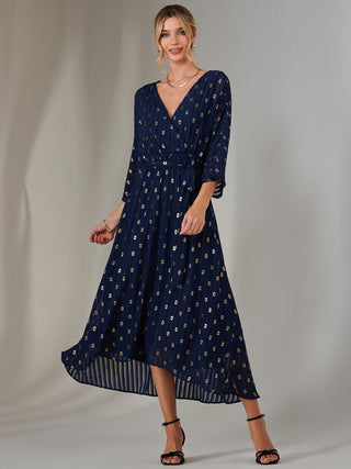 Plain Gold Spot Chiffon Dress, Navy/Gold