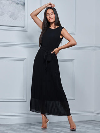 Pleated Chiffon Sleeveless Maxi Dress, Black Jolie Moi Retail Pleated Chiffon Sleeveless Maxi Dress, Black Jolie Moi Retail