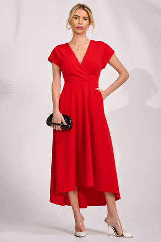 Printed Scuba Dipped Hem Maxi Dress, Red