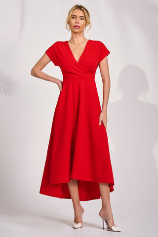 Printed Scuba Dipped Hem Maxi Dress, Red