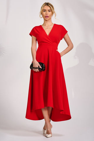 Printed Scuba Dipped Hem Maxi Dress, Red