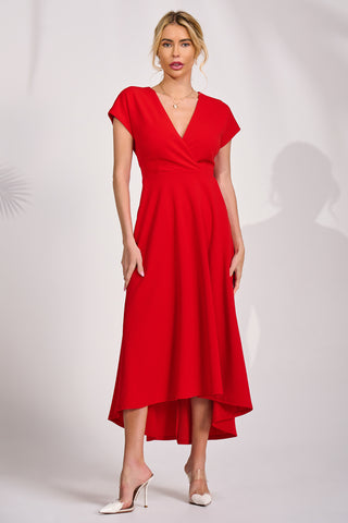 Printed Scuba Dipped Hem Maxi Dress, Red