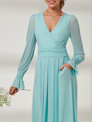 Greta Mesh Maxi Dress, Long Puff Sleeves, Light Green,  Close Up detail Image