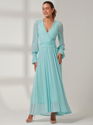 Greta Mesh Maxi Dress, Long Puff Sleeves, Light Green, Ruched Waistline, Front Side 