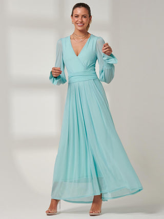 Greta Long Sleeve Mesh Maxi Dress, Light Green, Front Side