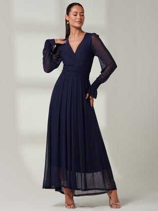 Greta Long Sleeve Mesh Maxi Dress, Navy, Blue, Wrap over v-neckline, Front Side