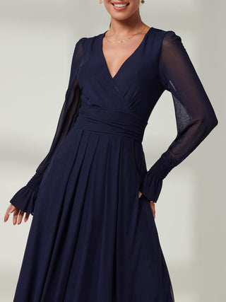 Long Sleeve Mesh Maxi Dress, Navy, Blue, Wrap over v-neckline,  Close up Image