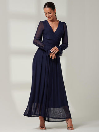 Long Sleeve Mesh Maxi Dress, Navy, Blue, Wrap over v-neckline, Pleat Detail, Full lining, Front Image