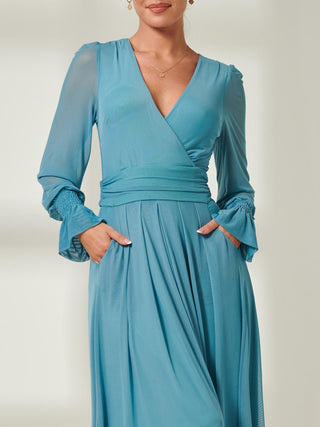 Greta Long Sleeve Mesh Maxi Dress, Teal, Blue, Green, Wrap over v-neckline, Close up detail Image