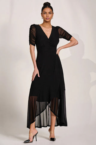 Ruched Sleeve Mesh Maxi Dress, Black